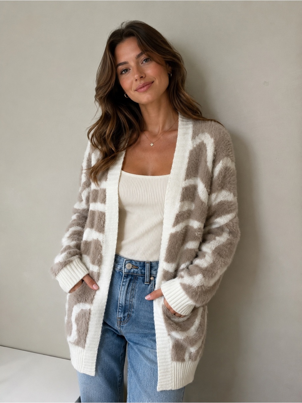 Dreamers by Debut Fuzzy Open Front Striped Cardigan Sweater Size Large